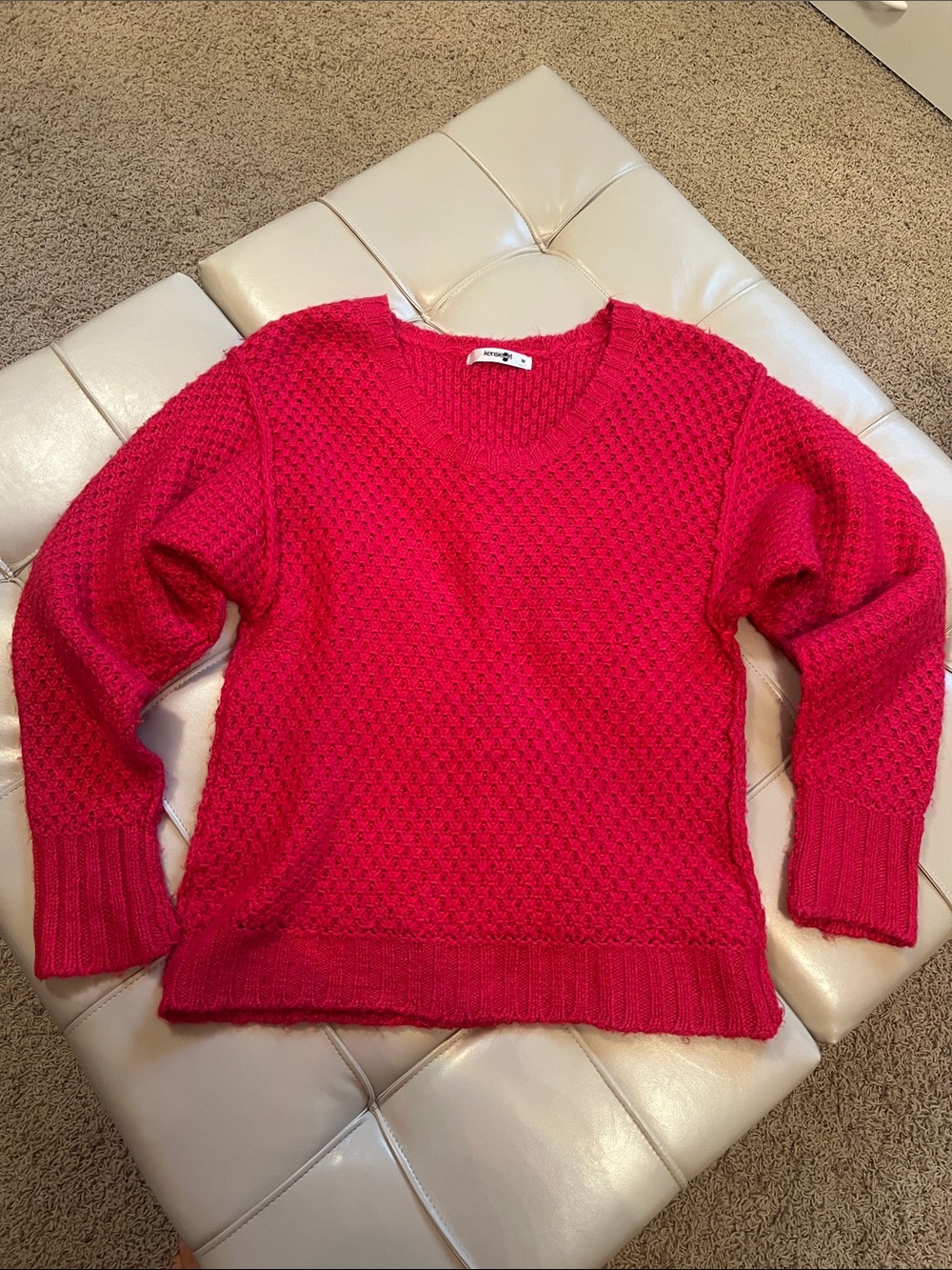 Kensie Girl Bright Red Textured V-Neck Sweater